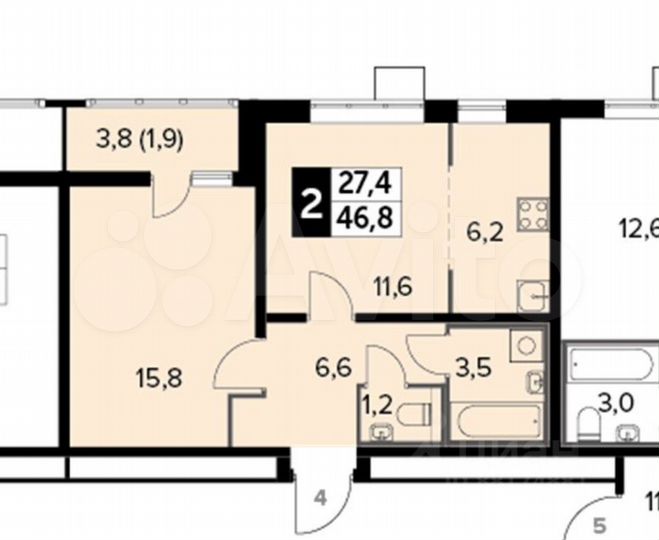 2-к. квартира, 46,8 м², 9/25 эт.