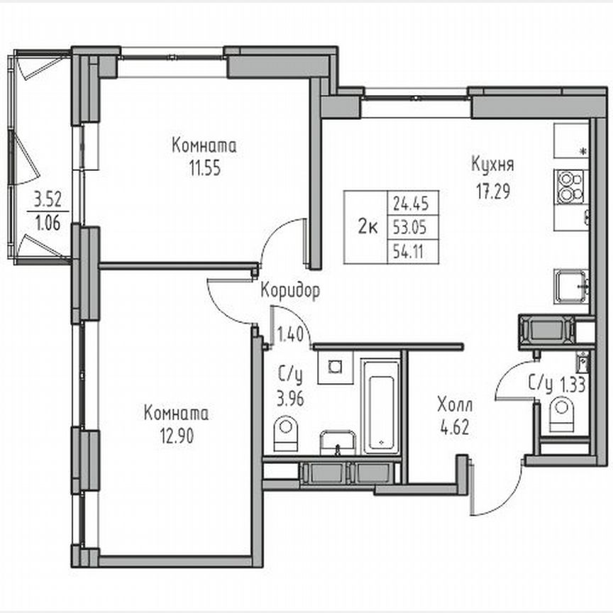 2-к. квартира, 54,1 м², 18/23 эт.