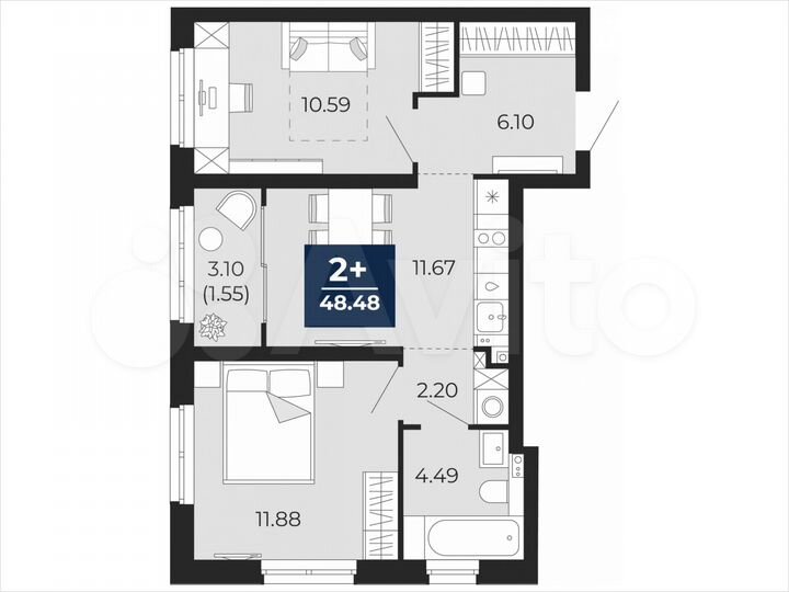 2-к. квартира, 48,5 м², 9/21 эт.