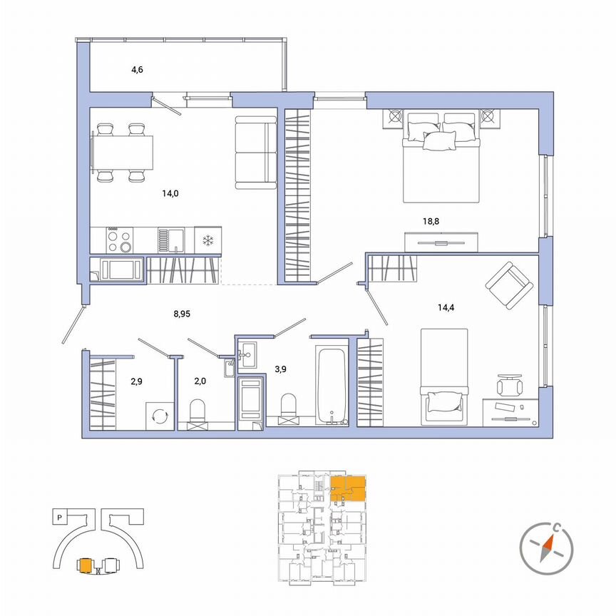 2-к. квартира, 67,3 м², 11/25 эт.