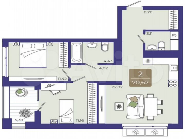 2-к. квартира, 70,6 м², 10/15 эт.