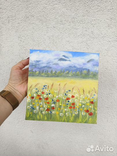 Картина маслом пейзаж с маками 20х20