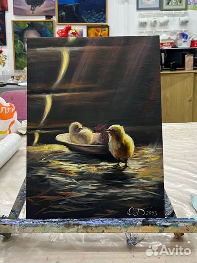 Картина маслом на холсте цыплята