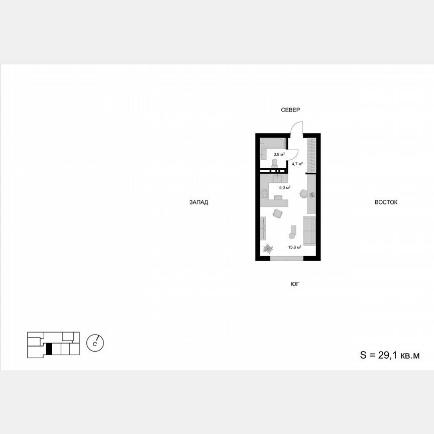 Квартира-студия, 29,1 м², 16/17 эт.