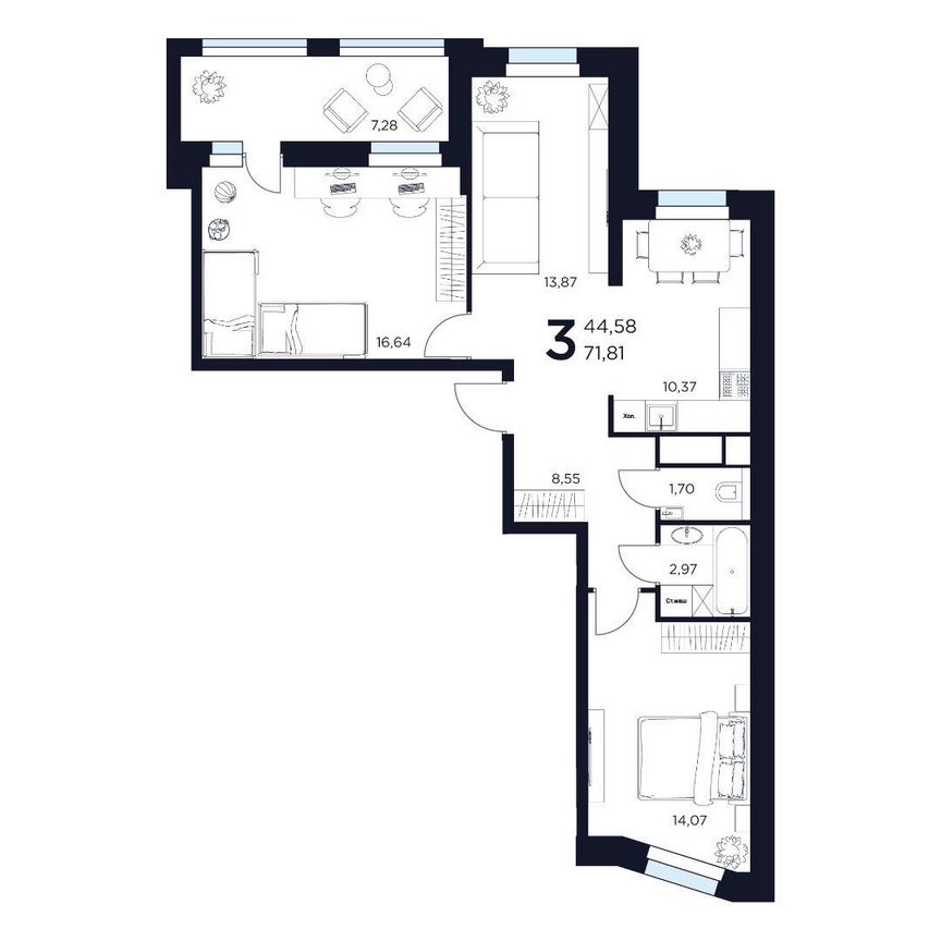 3-к. квартира, 71,8 м², 2/12 эт.