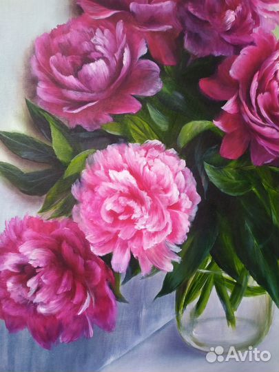 Картина маслом Букет пионов у окна 60*50