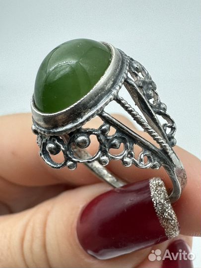 Кольцо/перстень серебро 875 СССР нефрит скань