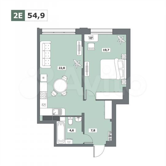 1-к. квартира, 54,9 м², 2/15 эт.