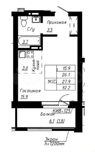 Квартира-студия, 27,9 м², 1/16 эт.