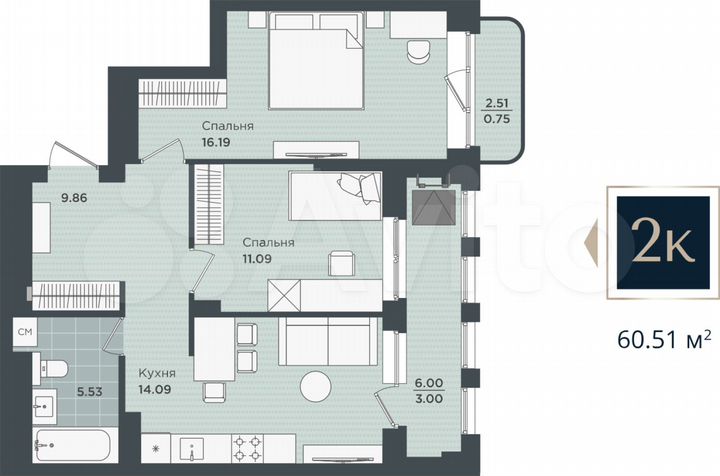 2-к. квартира, 60,5 м², 5/24 эт.