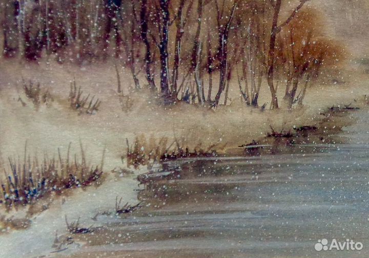 Картина акварелью, зима,зимний пейзаж