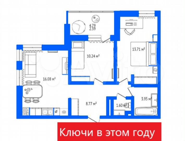 2-к. квартира, 58,6 м², 11/17 эт.
