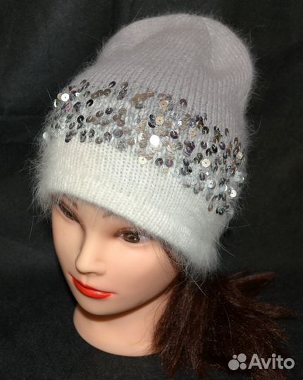 Шапка бини из пряжи пух норки