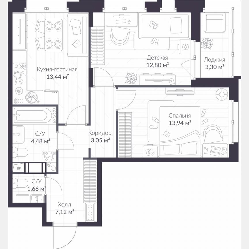 2-к. квартира, 58,1 м², 9/11 эт.