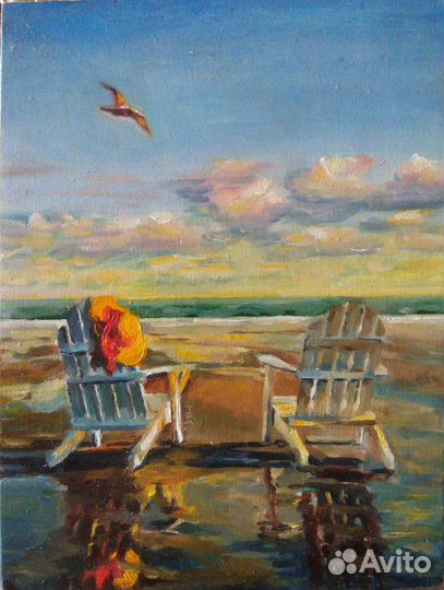 Картина маслом, морской пейзаж, отдых на берегу