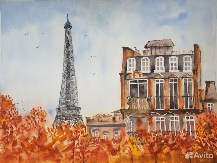 Интерьерная акварель Осень в Париже 30*40 см