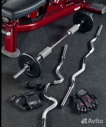 Штанга, гриф, блины, скамья, стойка