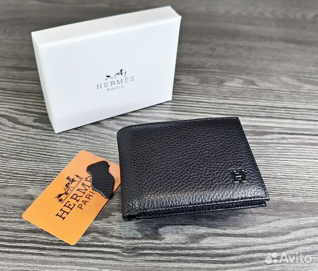 Мужской кожаный кошелёк Hermes black магнит новый