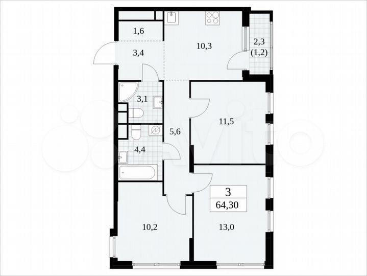 3-к. квартира, 64,3 м², 26/30 эт.