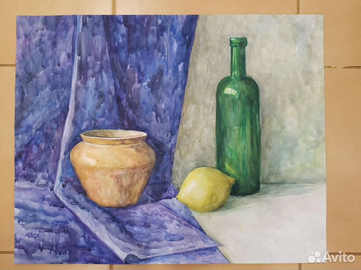 Акварель картина натюрморт на зелёном фоне