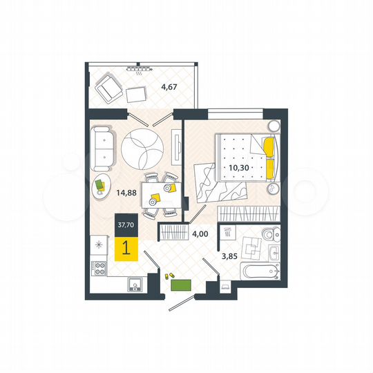 1-к. квартира, 37,7 м², 2/8 эт.