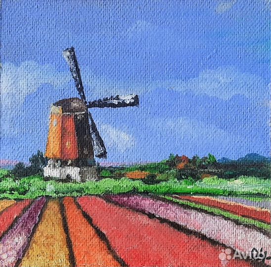 Мельница на полях Голандии.Картина маслом 20\20см