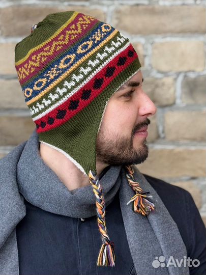 Мужская шапка двусторонняя с ушками зимняя Чульо 100% альпака цвет фисташковый-беж уно