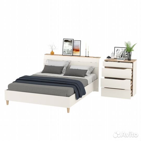 Комод четыре ящика Муссон и кровать со спальным местом 1600х200 белый/дуб эндгрейн элегантный