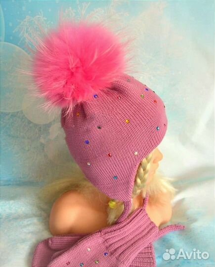 Шапка с меховым помпоном двухслойная детская