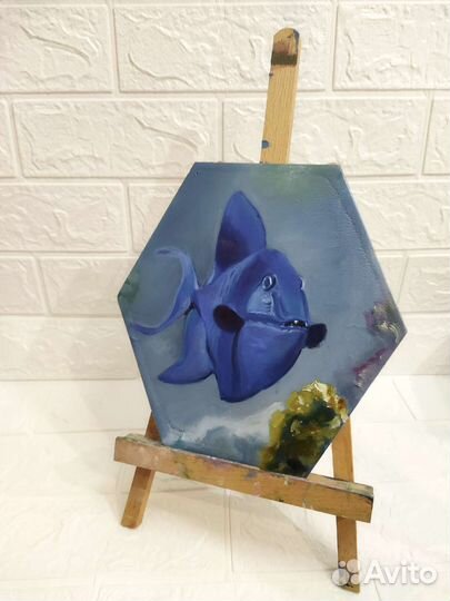 Картина маслом Рыба с подвесом 22х22 см