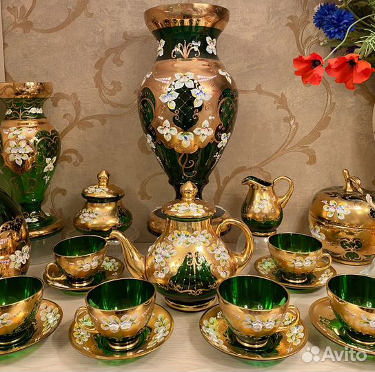 Ваза изумруд 44см. Конфетница. Сервиз Богемия