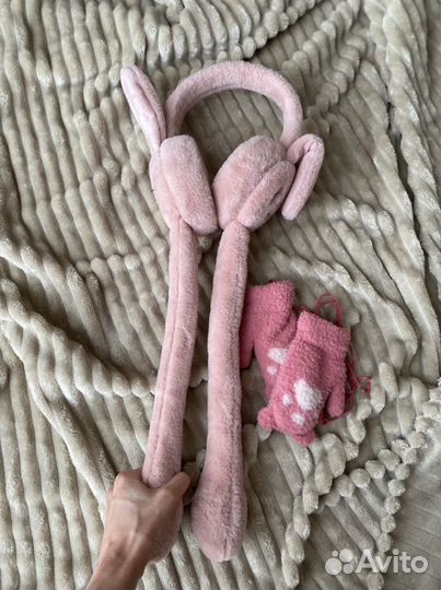 Пушистые наушники + подарок (рукавички)