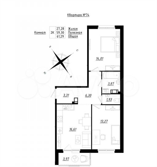 2-к. квартира, 61,3 м², 5/5 эт.
