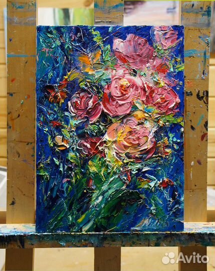 Картина маслом, Розовые розы, 35х25 см