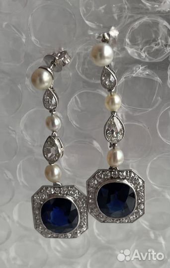 Платиновые серьги С сапфиром,бриллианты, жемчуг