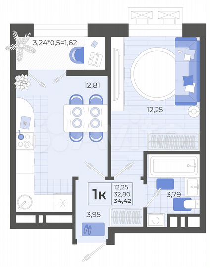 1-к. квартира, 34,4 м², 9/14 эт.