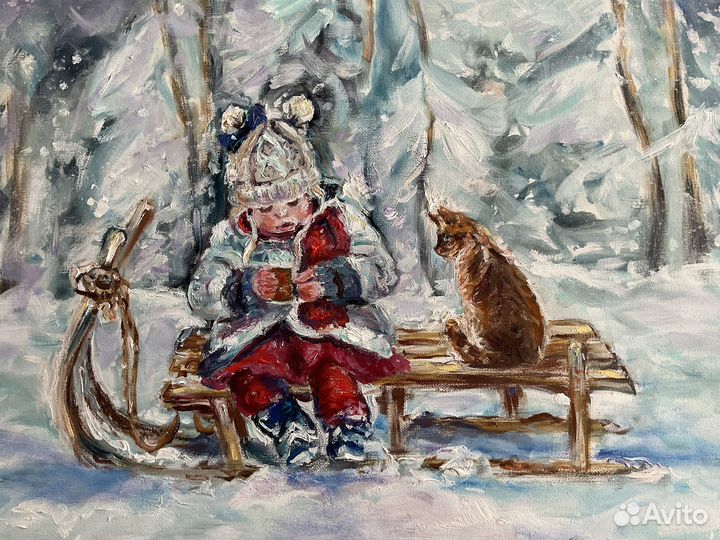 Картина маслом Девочка с котом 40х50 см на заказ