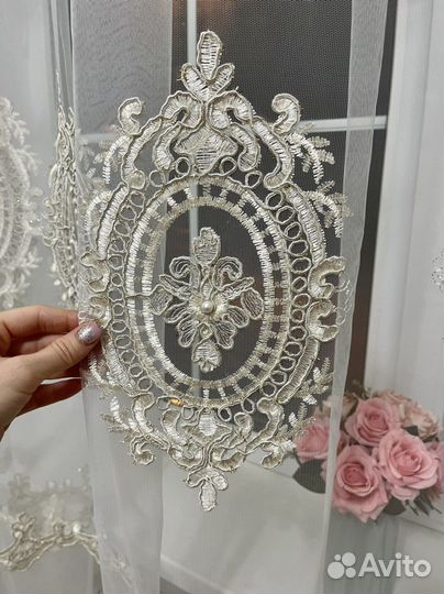 Тюль вензель с вышивкой и жемчугом новый