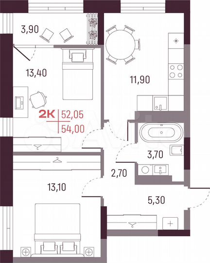 2-к. квартира, 52,1 м², 23/25 эт.