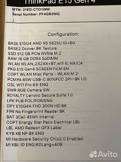 Lenovo TihnkPad E15 Gen4 Ryzen/16Gb/512Gb/Win 11