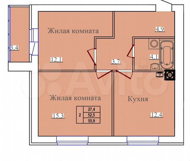 2-к. квартира, 55,9 м², 11/14 эт.