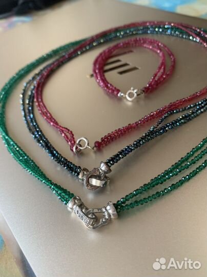 Бусы шпинель изумруд, рубин+браслет