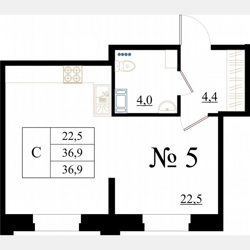 Квартира-студия, 36,9 м², 1/8 эт.