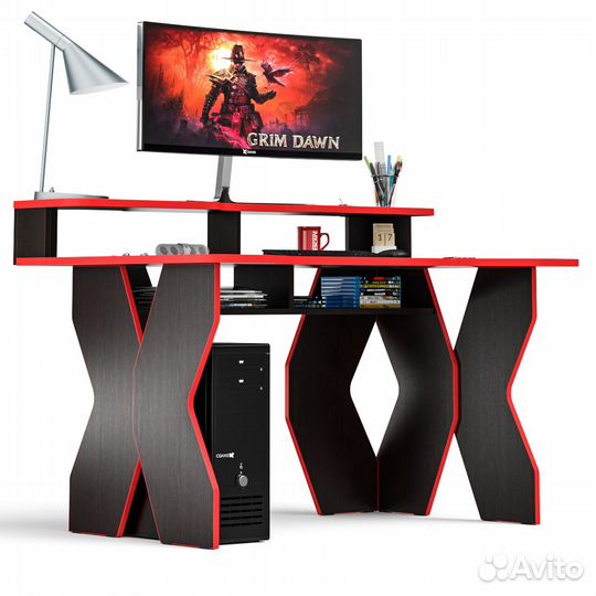 Игровой компьютерный стол Краб-5 с надстройкой цвет венге/кромка красная, шхгхв 140х90х91(75) см
