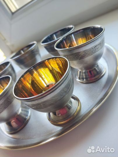 Мельхиор с золочением рюмки с подносом СССР