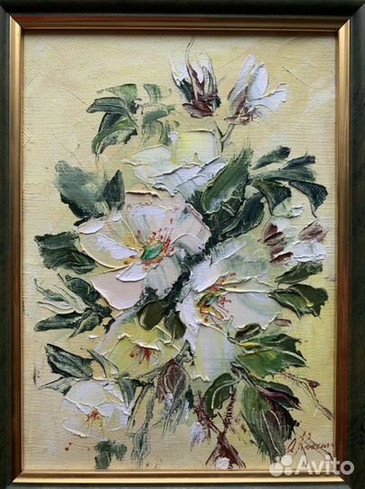 Картина маслом «Белый шиповник»