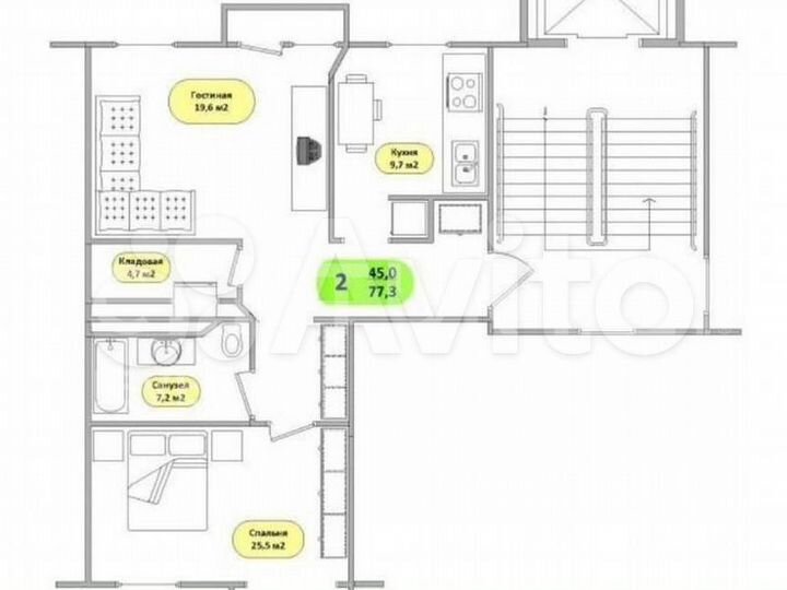 2-к. квартира, 77,3 м², 3/6 эт.