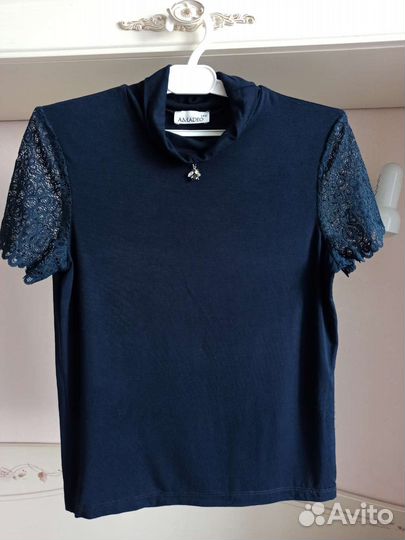 Блузка с кружевом, тёмно-синяя 140-146