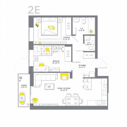 2-к. квартира, 66,6 м², 6/25 эт.