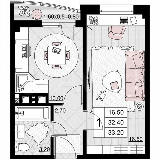 1-к. квартира, 33,2 м², 9/9 эт.